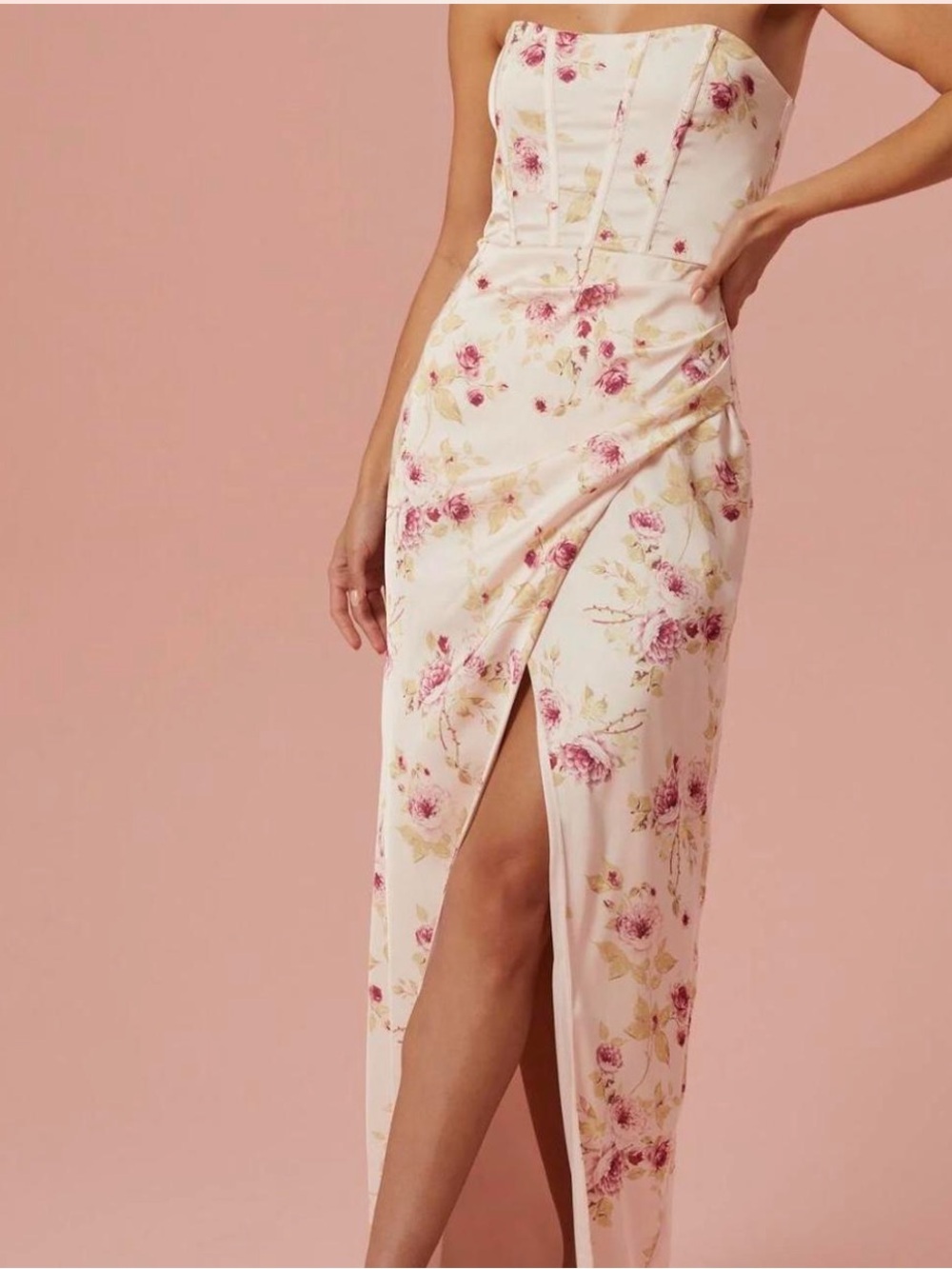 Altar'd State Floral Ruth Corset Satin High Slit Strapless Maxi Dress Size XL